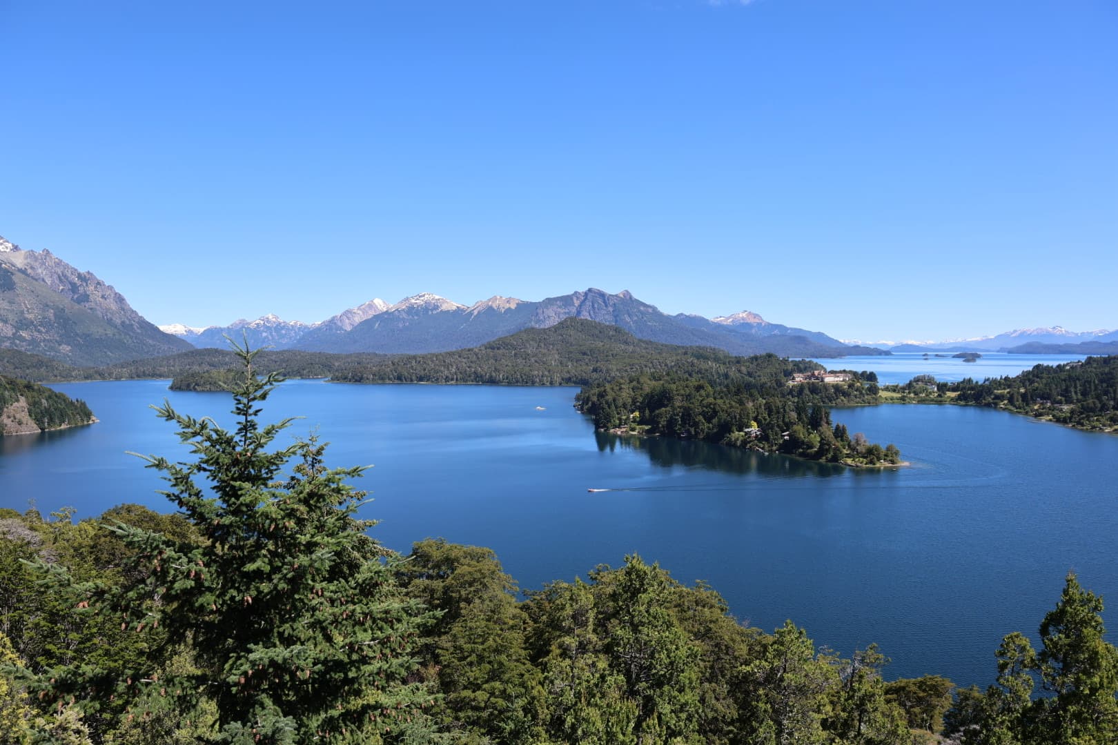 Sweeping lake and mountain panorama in Patagonia's lake district near Bariloche